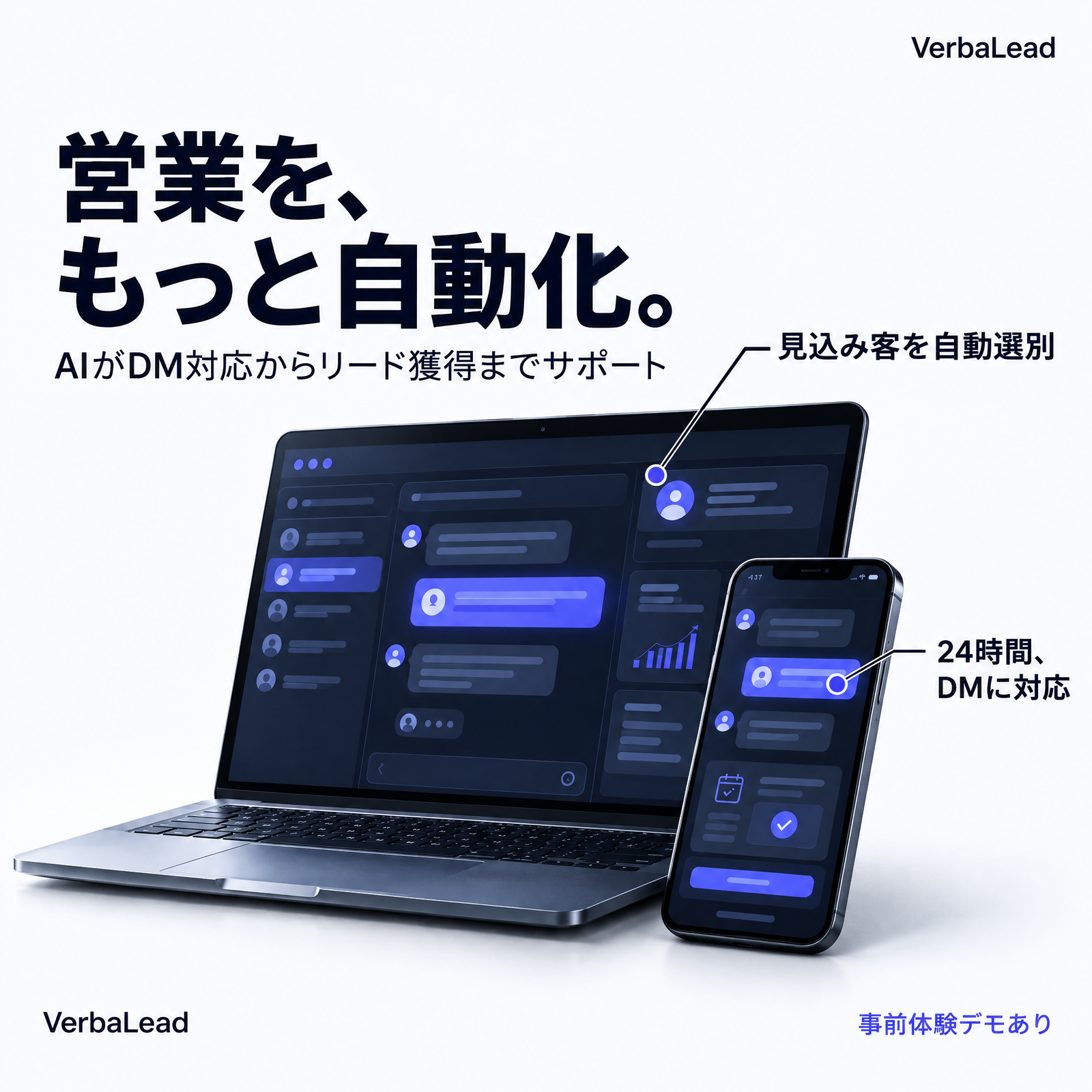 輸入転売 越境EC ノートパソコンとスマートフォン上のVerbaLeadインターフェース。自動ダイレクトメッセージ機能、見込み客の特定機能、24時間サポート機能が表示されています。.